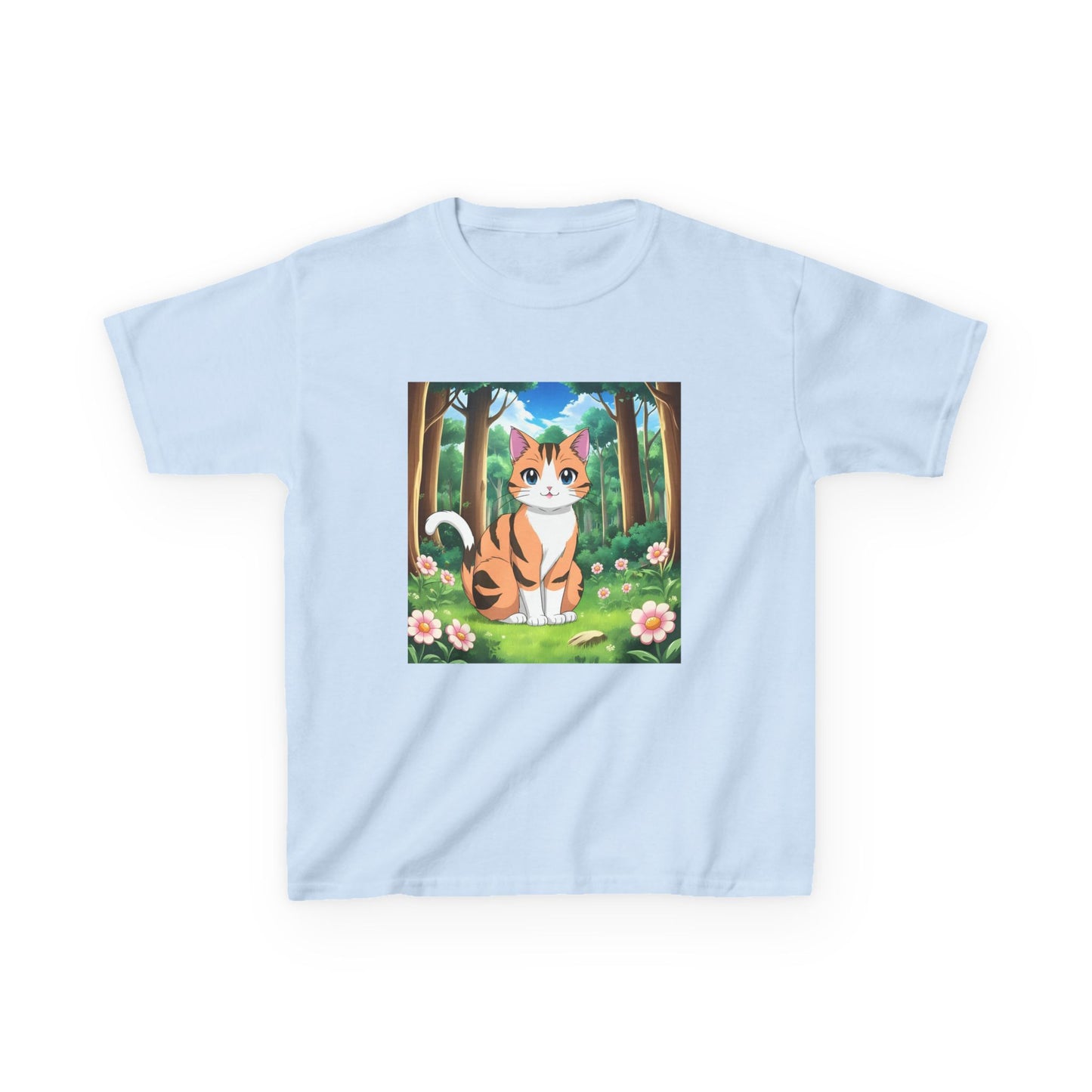 Kids Tee - Cute Anime Cat with Flowers